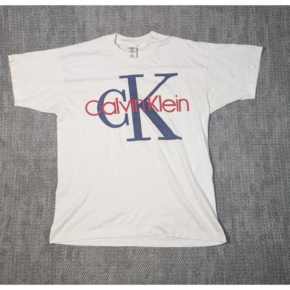 90s White Calvin Klein CK Logo Single Stitch Shirt Size XL
